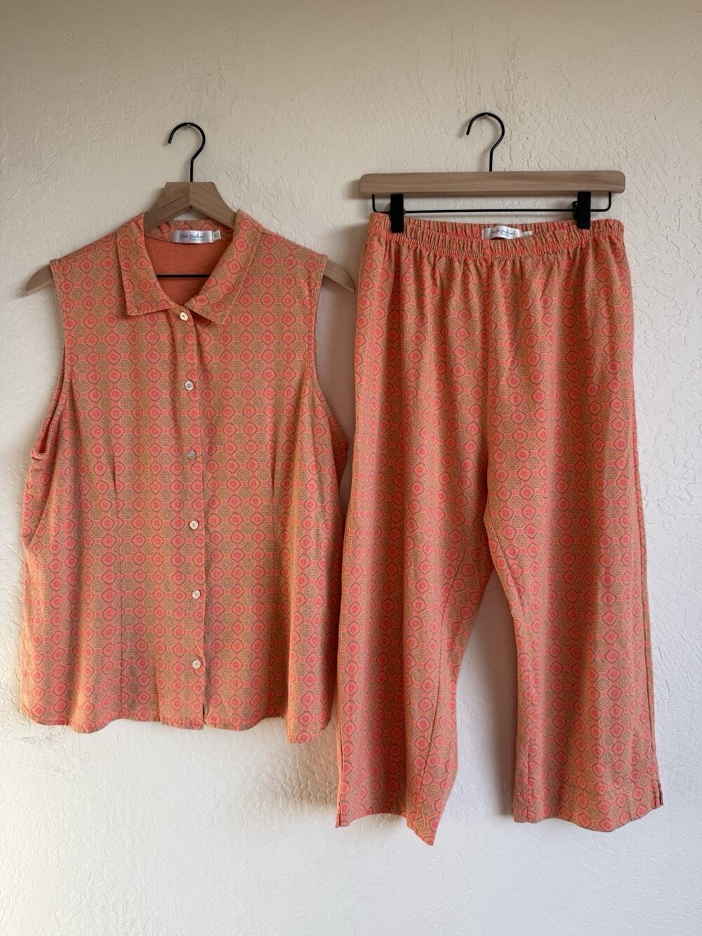 Fresh Produce 100% Cotton Sleeveless Top & Pant Set XL Coral Made In USA Coastal
